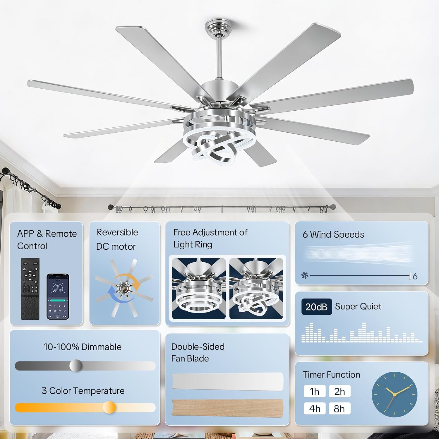 72' Ceilling Fans with Lights, Chandelier Fan Modern DC Motor Dimmable Led Fandelier Ceiling Fan with Light for Bedroom, Living Room, Indoor/Outdoor, Silver