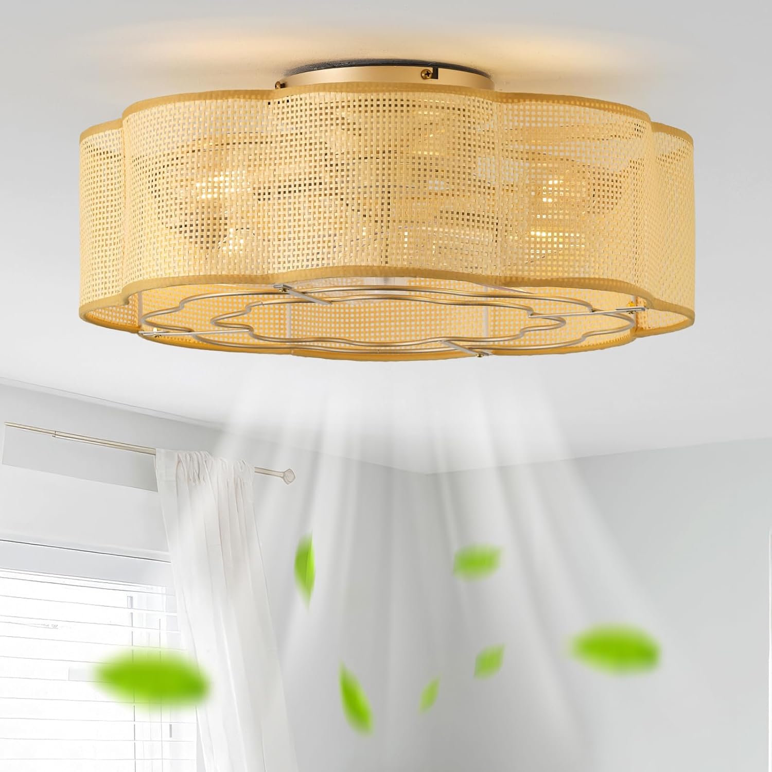 20' Low Profile Ceiling Fan with Light, Caged Flush Mount Ceiling Fan with Light Remote Control, Boho Bladeless with 6 Speeds for Bedroom, Nursery, Living Room.
