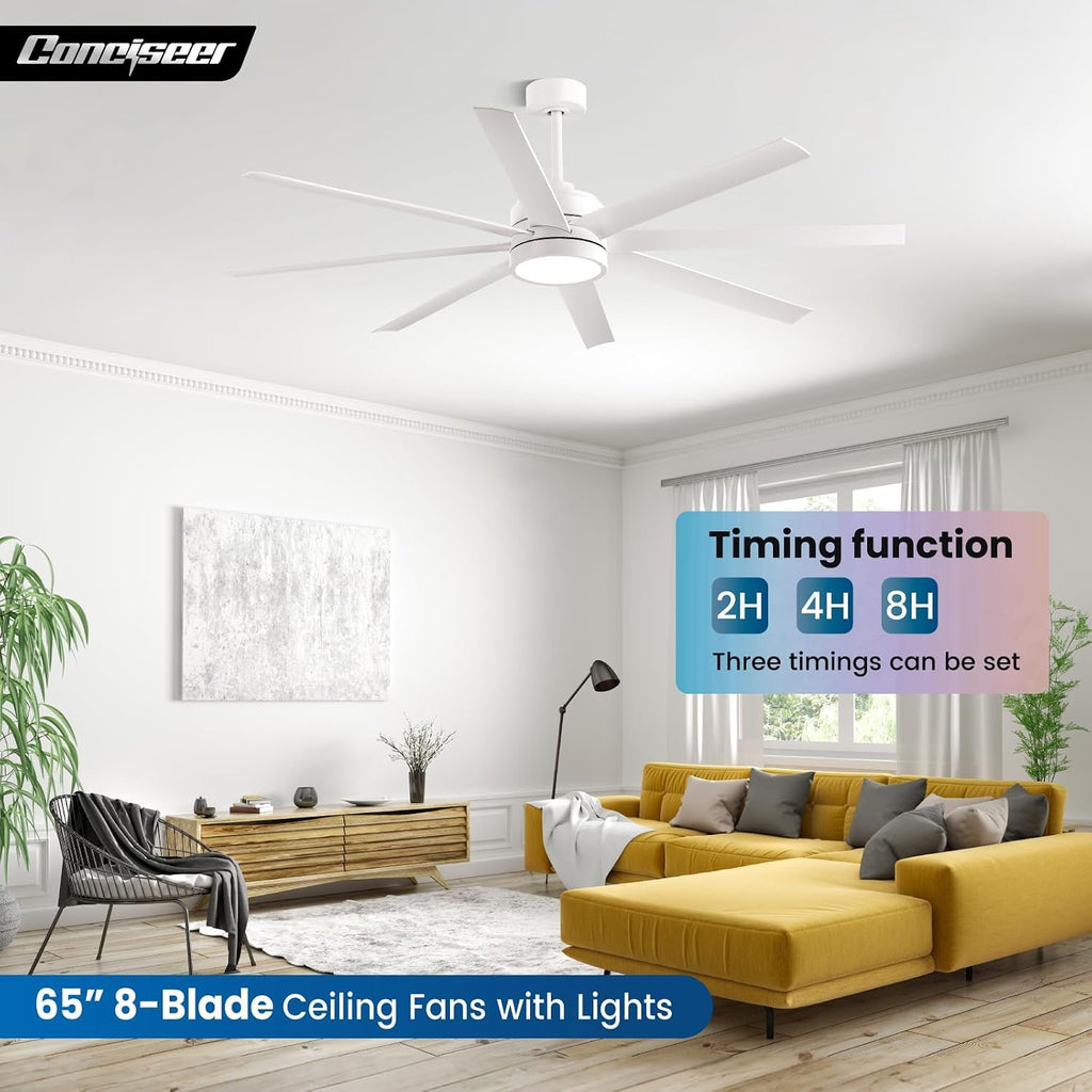 Modern Ceiling Fans with Lights, 65 Inch Ceiling Fan with Light and Remote for Bedroom Living Room Kitchen Office, Indoor/Outdoor Use, 24W 3CCT 8 Blades 6 Speed Reversible Quiet DC Motor, White