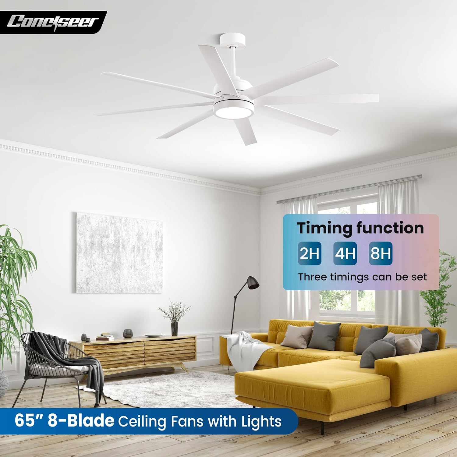 Modern Ceiling Fans with Lights, 65 Inch Ceiling Fan with Light and Remote for Bedroom Living Room Kitchen Office, Indoor/Outdoor Use, 24W 3CCT 8 Blades 6 Speed Reversible Quiet DC Motor, White