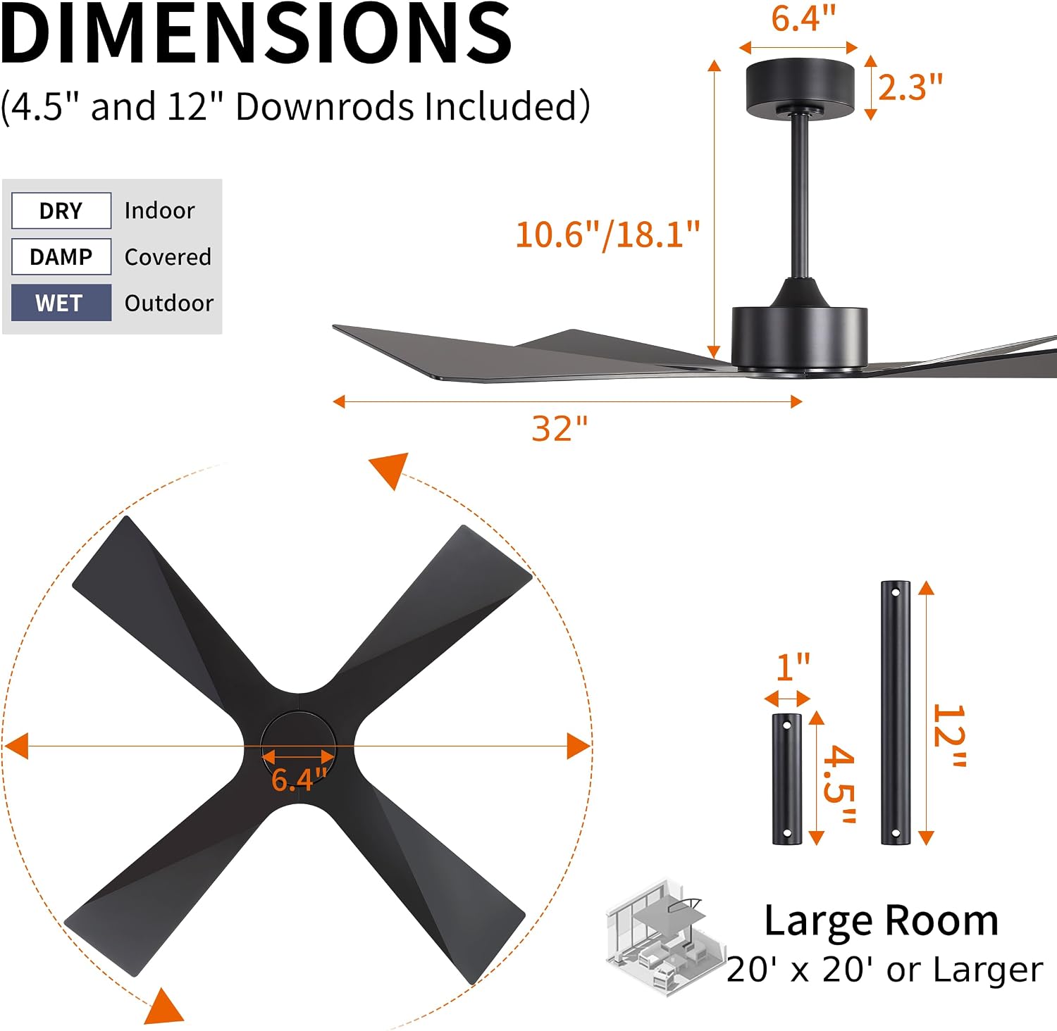 WINGBO 64' Wet Rated Outdoor Ceiling Fan without Lights, 4 ABS Plastic Blades, Reversible DC Motor, 6-Speed Remote Control, Waterproof Ceiling Fan No Lights for Patio Porch Gazebo Garage, Black