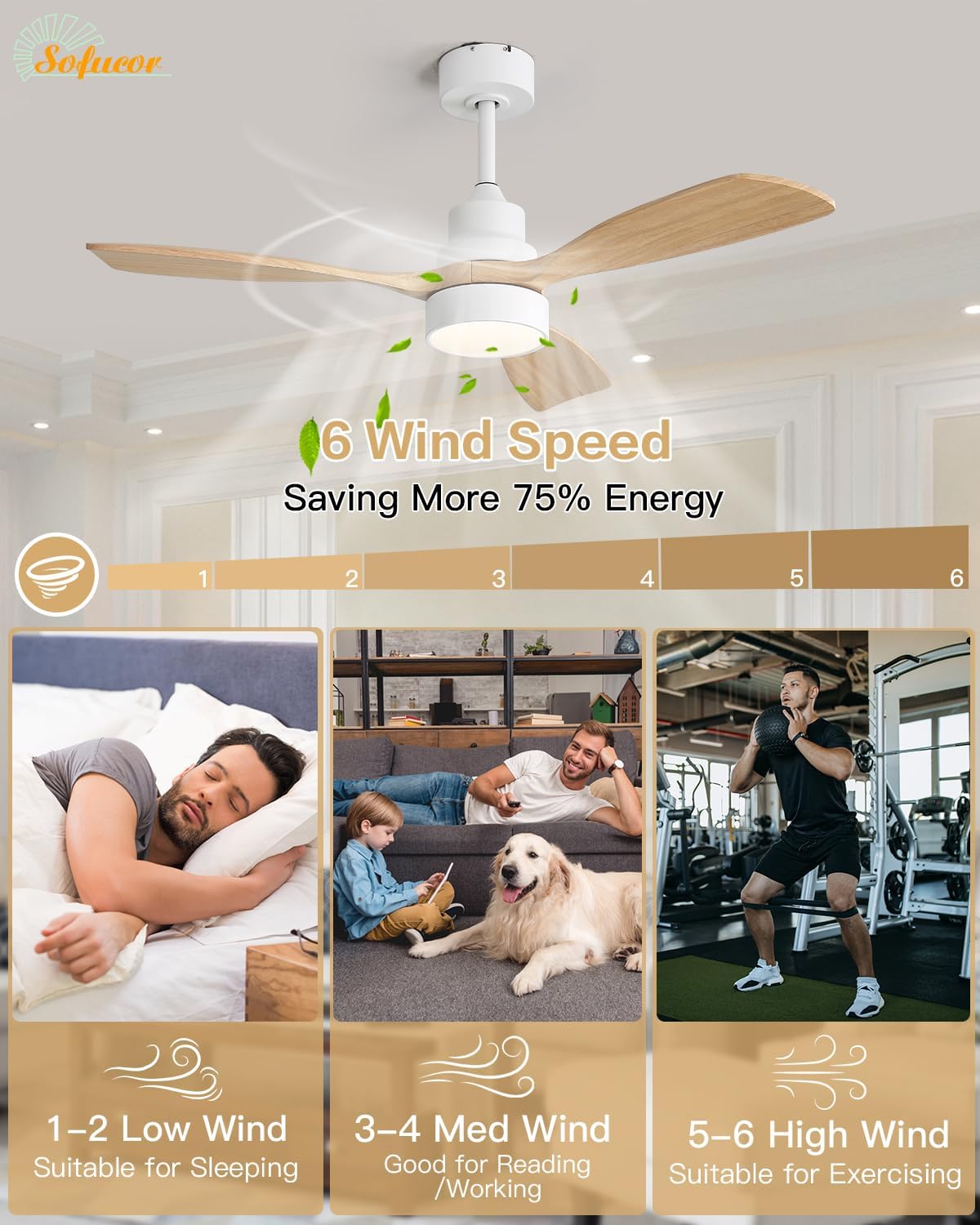 Sofucor 48 Inch Ceiling Fans with Lights and Remote Control-Modern Flush Mount&Downrod Mount Ceiling Fan for Bedroom Living Room Indoor Outdoor Farmhouse Patio, Timer Quiet DC Motor,White&Natural Wood