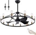 Miuyhji 44' Large Wagon Wheel Chandelier with Fan Smart Farmhouse Black Fan | 12 Lights, Remote/APP,6 Speed, Timing,Height Adjustable, Rustic Fandelier Light Fixture for Living Room Bedroom Dining Room