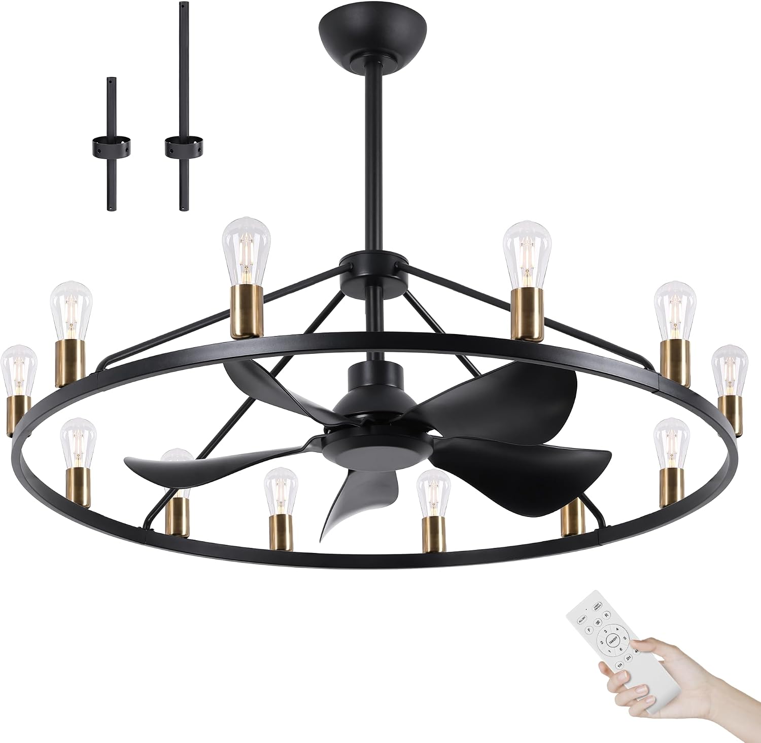 Miuyhji 44' Large Wagon Wheel Chandelier with Fan Smart Farmhouse Black Fan | 12 Lights, Remote/APP,6 Speed, Timing,Height Adjustable, Rustic Fandelier Light Fixture for Living Room Bedroom Dining Room
