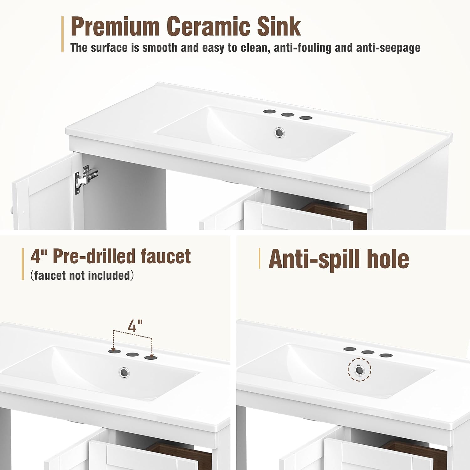 LUMISOL 36'' Bathroom Vanity with Sink, Freestanding Single Vanity with Ceramic Sink, Modern Bathroom Storage Cabinet with Soft Close Doors & Drawers for Guest Bath, Master Suite, Rental, White