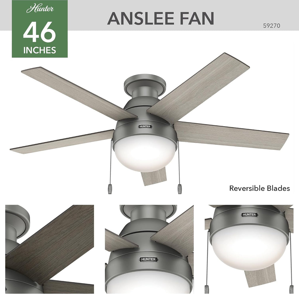 Hunter 46 inch Indoor Ceiling Fan with LED Light - Ceiling Fan with Pull Chain, For Bedroom, Living Room, or Kitchen, Low Profile Mount, No Remote, 5 Blades - Anslee 59270, Matte Silver