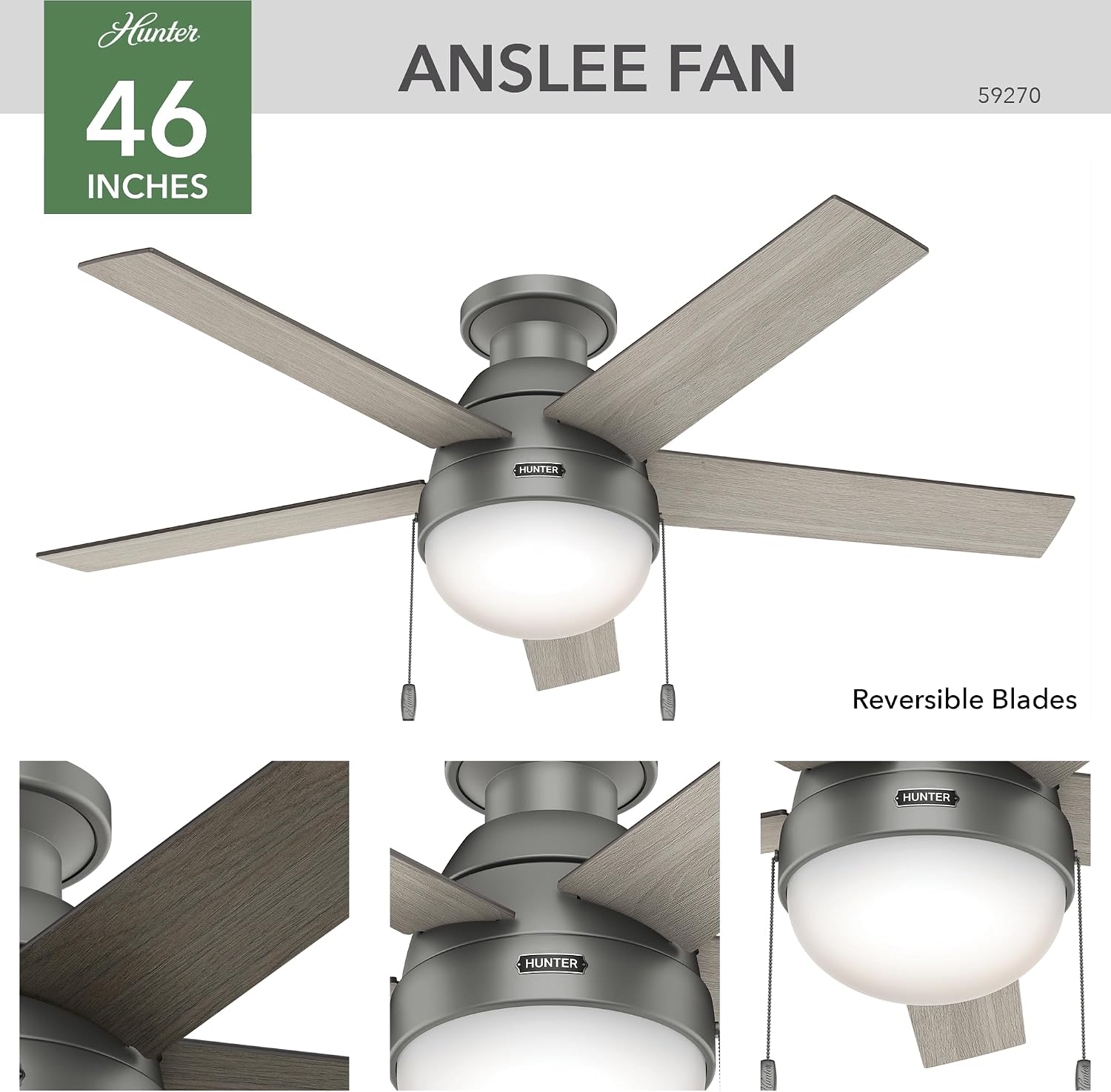 Hunter 46 inch Indoor Ceiling Fan with LED Light - Ceiling Fan with Pull Chain, For Bedroom, Living Room, or Kitchen, Low Profile Mount, No Remote, 5 Blades - Anslee 59270, Matte Silver