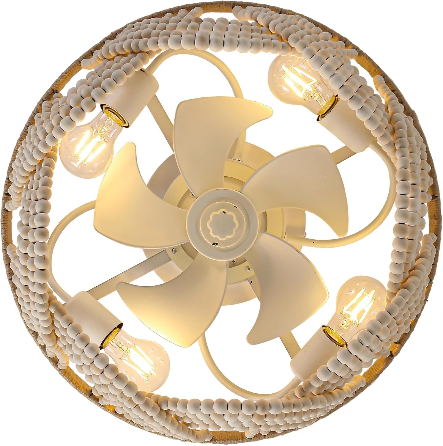 Ceiling Fans with Lights Flush Mount, 20 Inch Bohemia Wood Beaded Chandelier Ceiling Fans with Remote & APP Control, 6-Speed Reversible DC Motor, Low Profile Ceiling Fan for Bedroom Living Room