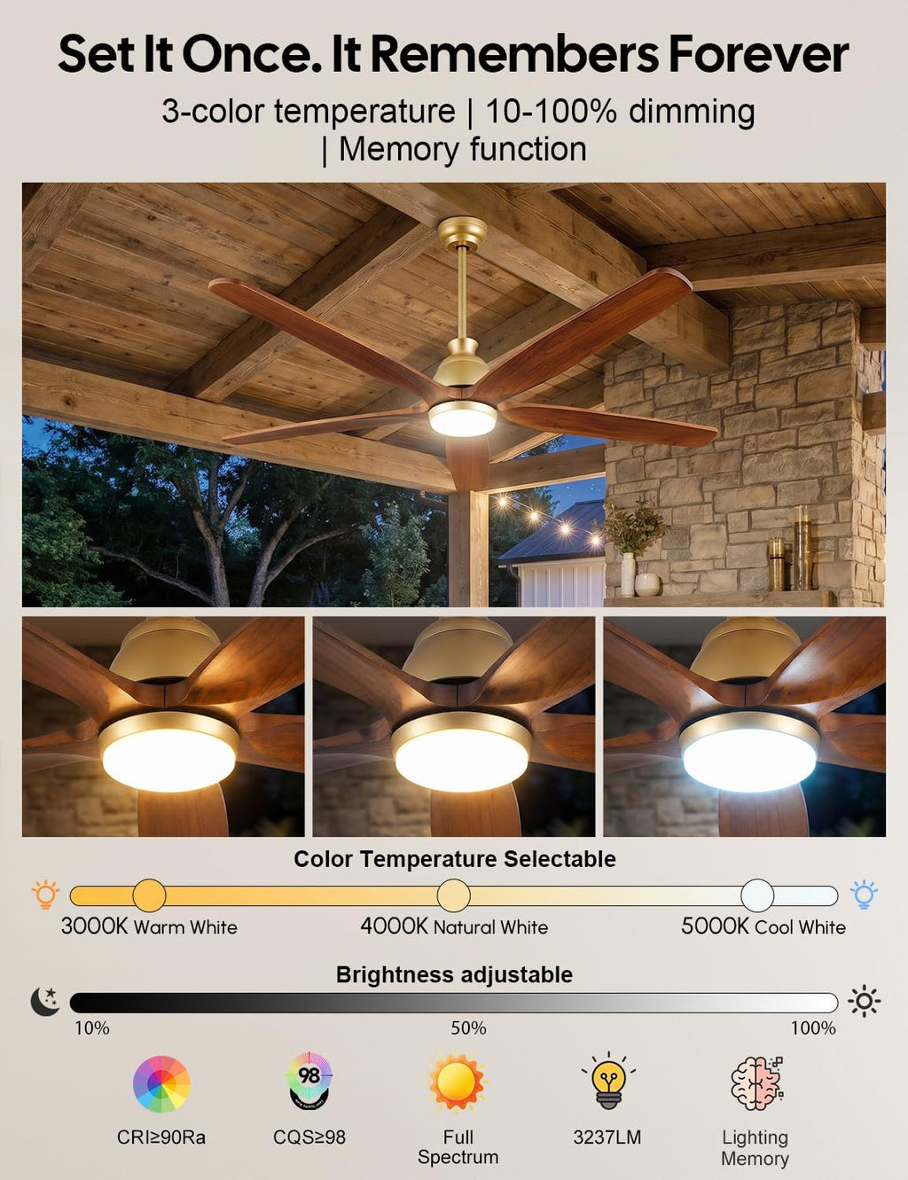 52 Inch Ceiling Fan with Lights, Gold Brass Finish, Solid Wood Ceiling Fan, Outdoor Damp Rated for Patio, High CFM Quiet Reversible DC Motor, Rustic Farmhouse Blades, for Indoor Living Room Bedroom
