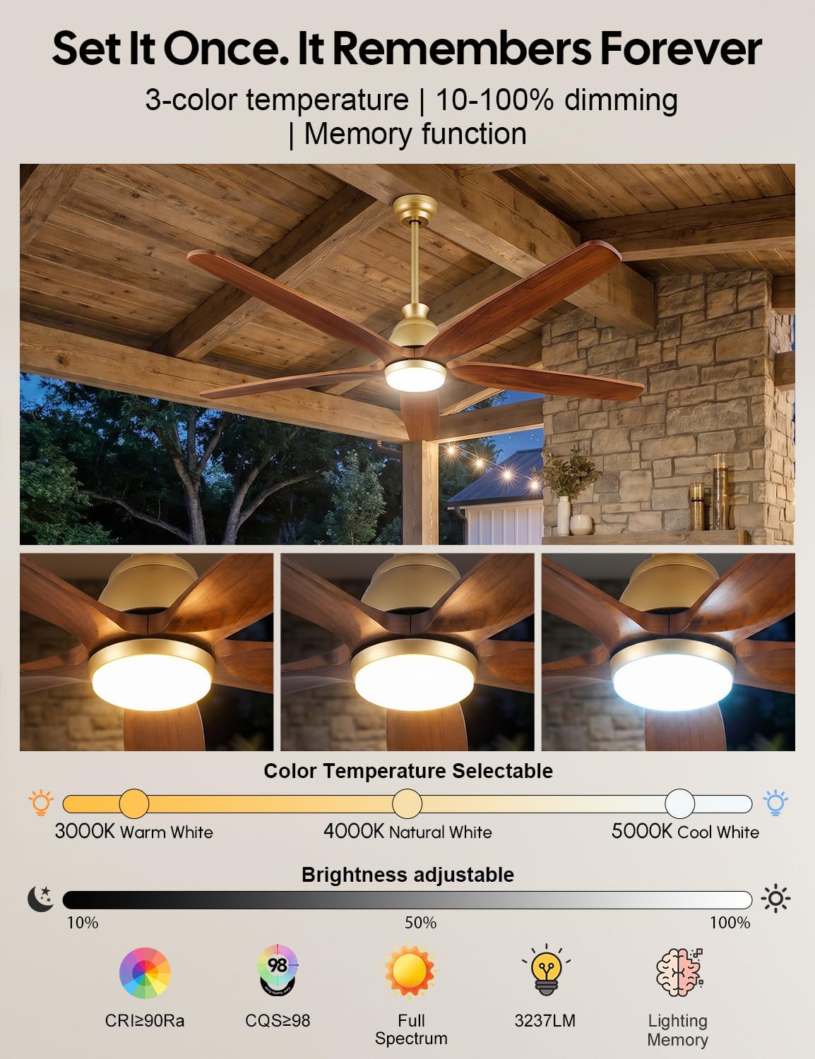 52 Inch Ceiling Fan with Lights, Gold Brass Finish, Solid Wood Ceiling Fan, Outdoor Damp Rated for Patio, High CFM Quiet Reversible DC Motor, Rustic Farmhouse Blades, for Indoor Living Room Bedroom