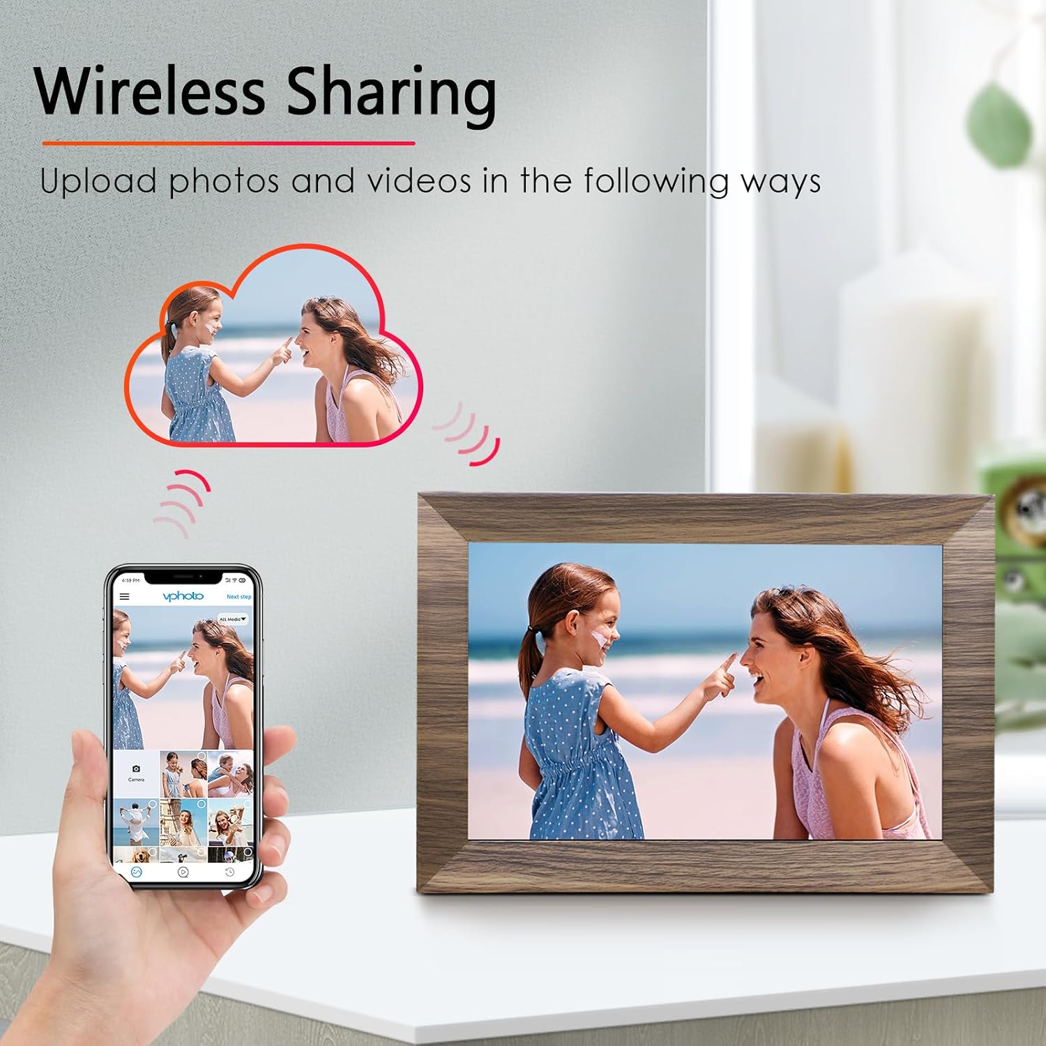 Canupdog WiFi Digital Picture Frame 10.1 Inch, IPS Touch Screen Smart Cloud Digital Photo Frame with 16GB Storage, Wall Mountable, Auto-Rotate, Share Photos from Anywhere Via App