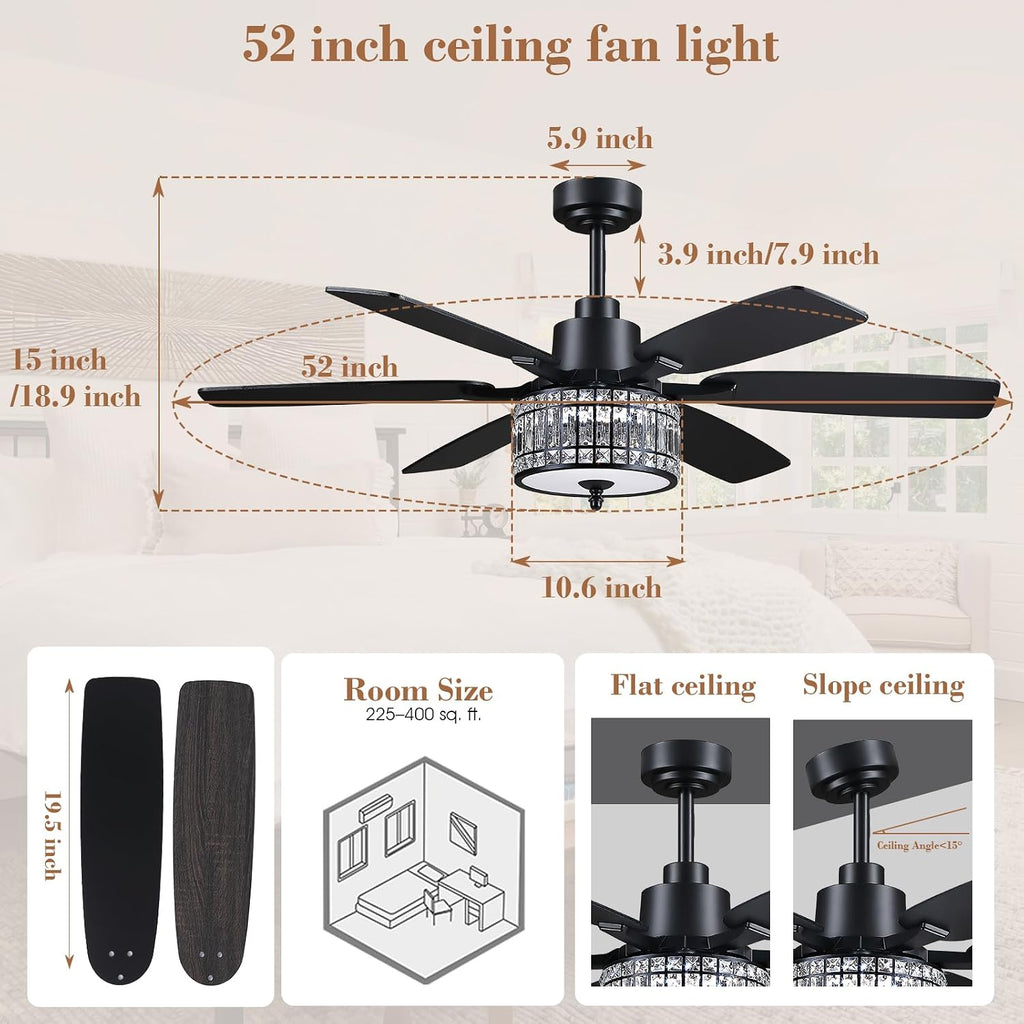 Kviflon 52 Inch Crystal Ceiling Fan with Lights and Remote/APP Control, Black Fandelier Ceiling Fan with Light, Modern Chandelier Ceiling Fan for Bedroom Living Room, Quiet DC Motor, Dimmable LED