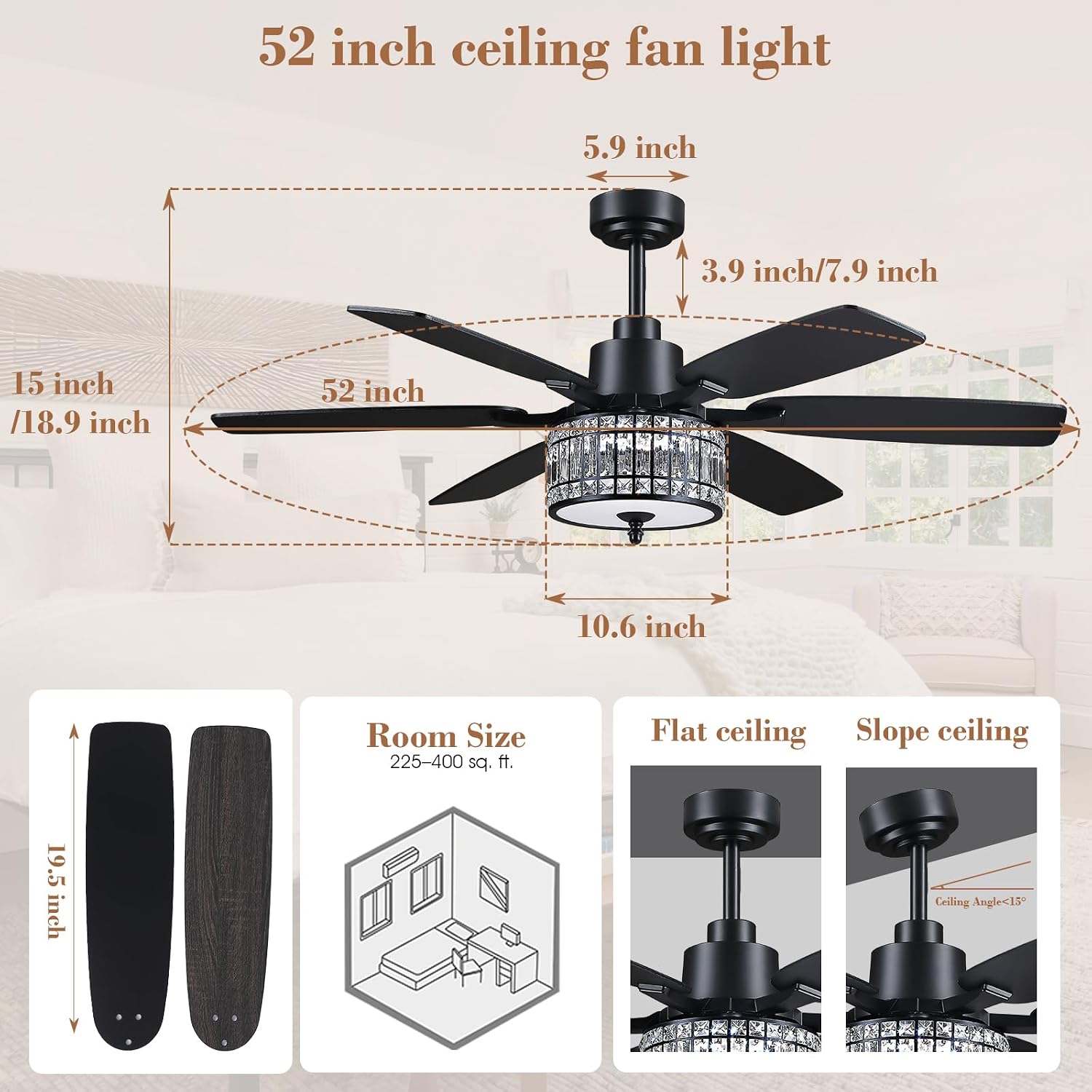 Kviflon 52 Inch Crystal Ceiling Fan with Lights and Remote/APP Control, Black Fandelier Ceiling Fan with Light, Modern Chandelier Ceiling Fan for Bedroom Living Room, Quiet DC Motor, Dimmable LED