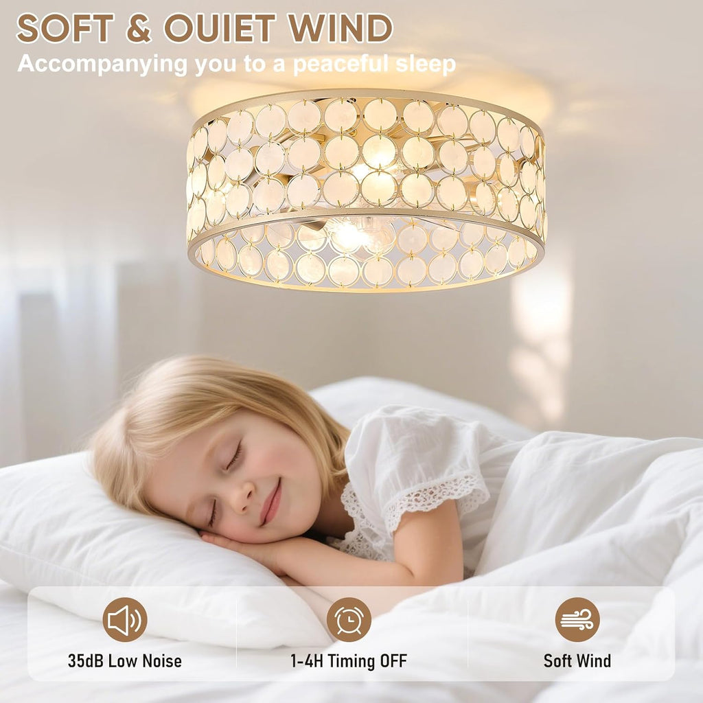 20'Boho Ceiling Fans with Lights and Remote Capiz Fandelier Ceiling Fan with Light Coastal Enclosed Caged Ceiling Fan for Bedroom，Nursery,Foyer,Kitchen(6 Speeds Gold Shade and White Shells )