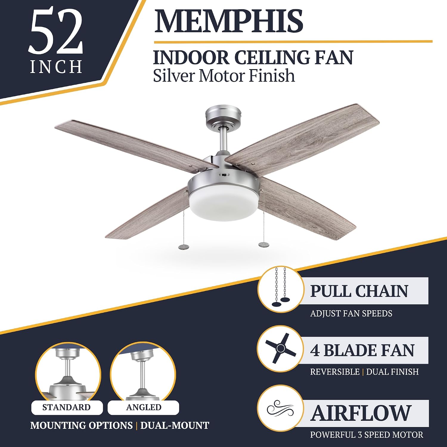 Prominence Home Memphis, 52 Inch Contemporary Indoor LED Ceiling Fan with Light, Pull Chain, Dual Mounting Options, 4 Dual Finish Blades, Reversible Motor - 51652-01 (Pewter)