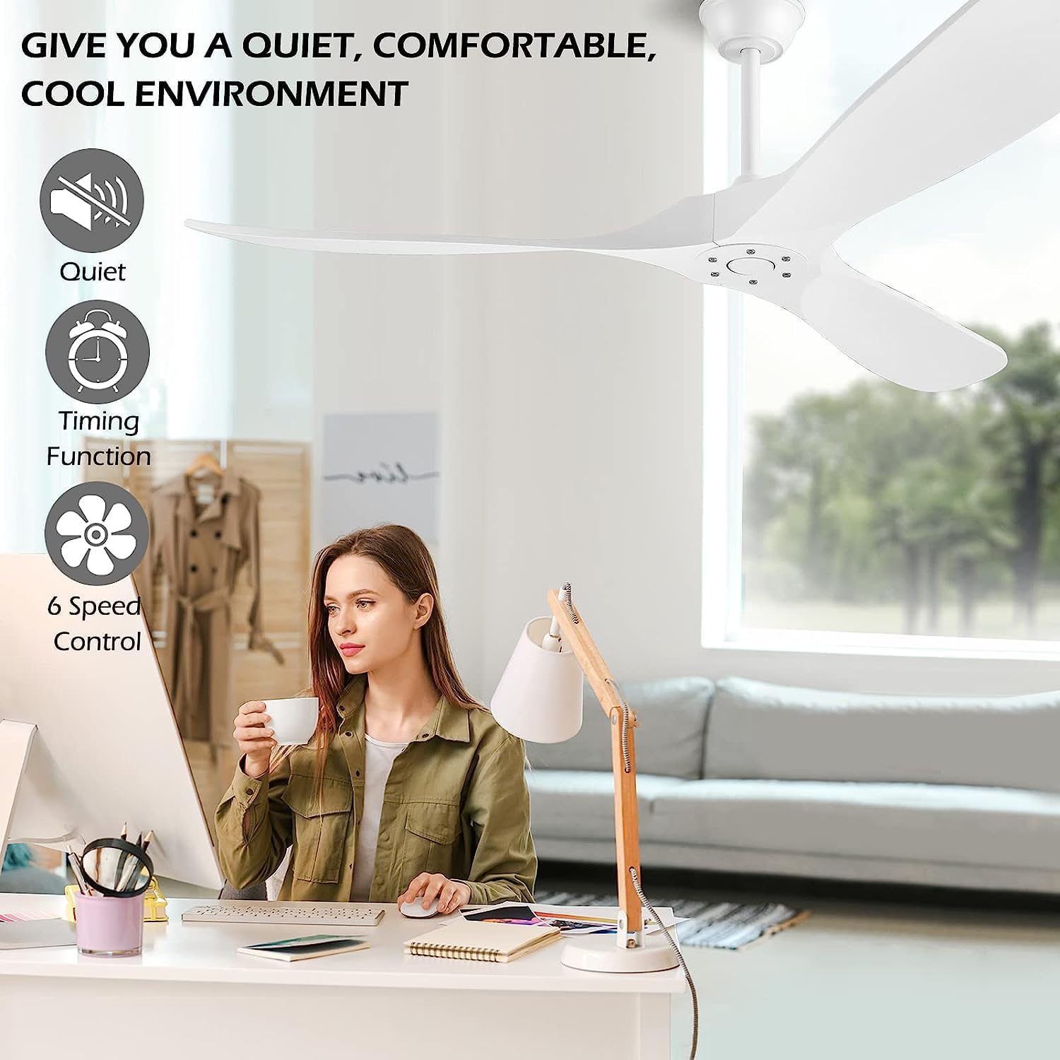 60 Inch White Ceiling Fan No Light ，Wood Indoor Outdoor Ceiling Fans for Patios Living Room Bedroom Porch Big Farmhouse Ceiling Fan for Flat Sloped Angled Ceiling