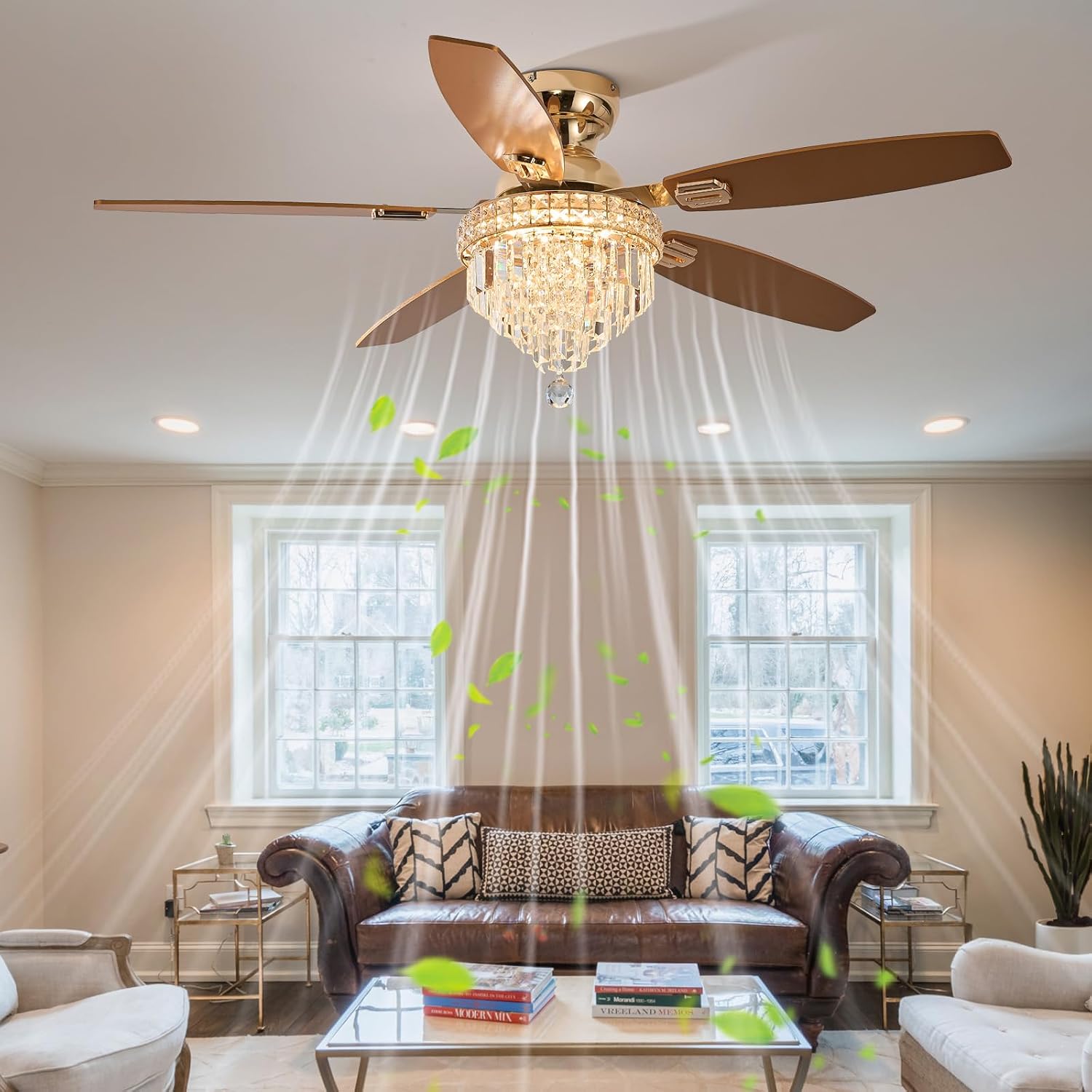 Crystal Ceiling Fan Fandelier with Lights-Ceiling Fans with Lights,54' Low Profile and Remote Control, Flush Mount, Reversible, Dimmable, Noiseless,Gold Ceiling Fan for Bedroom