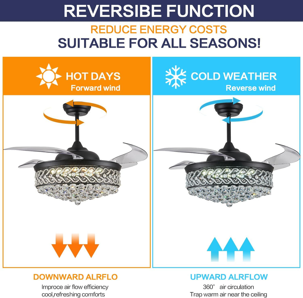 DuMaiWay 52' Dimmable Chandelier Ceiling Fan, Modern Crystal Retractable Invisible Blade Ceiling Fan with Remote Control for Bedroom Dining Room Living Room 6 Speed Change Black