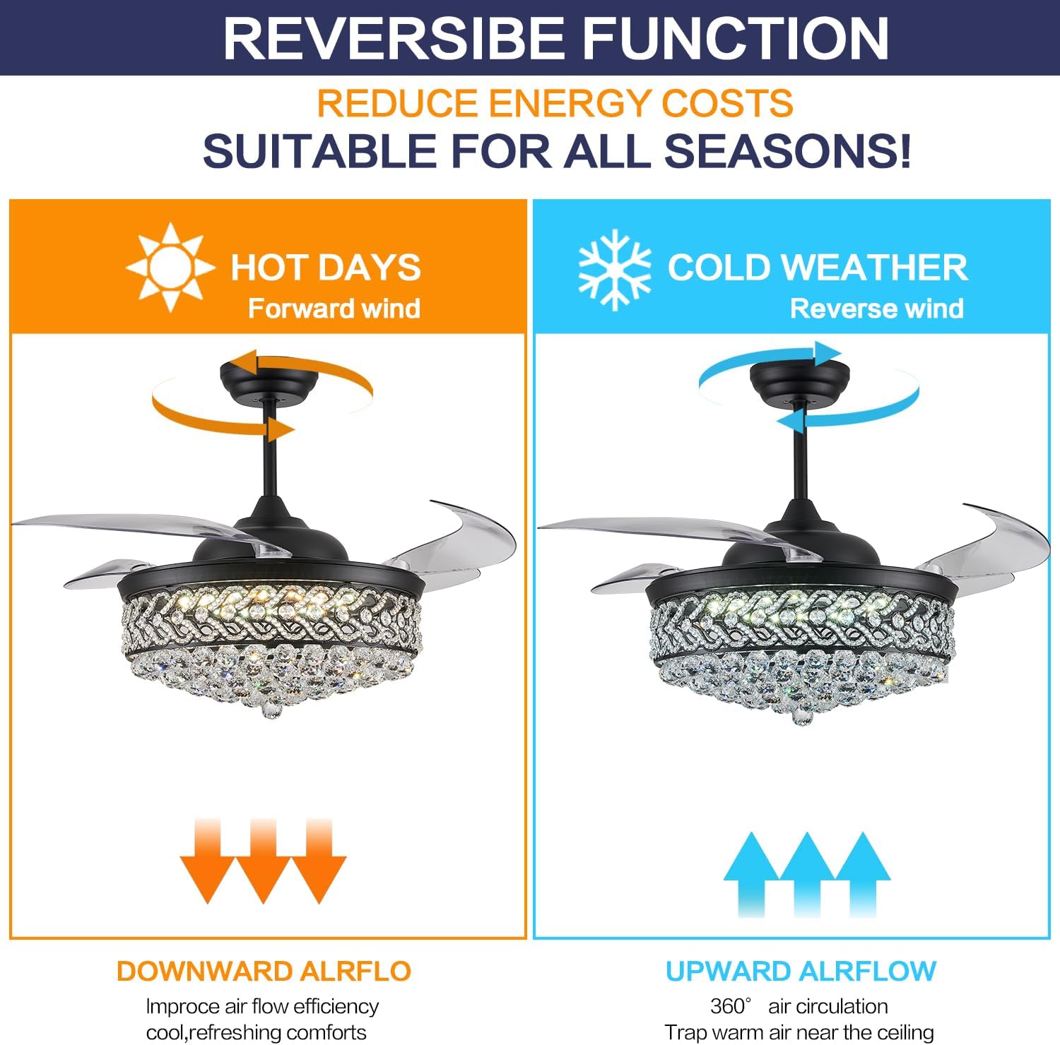 DuMaiWay 52' Dimmable Chandelier Ceiling Fan, Modern Crystal Retractable Invisible Blade Ceiling Fan with Remote Control for Bedroom Dining Room Living Room 6 Speed Change Black