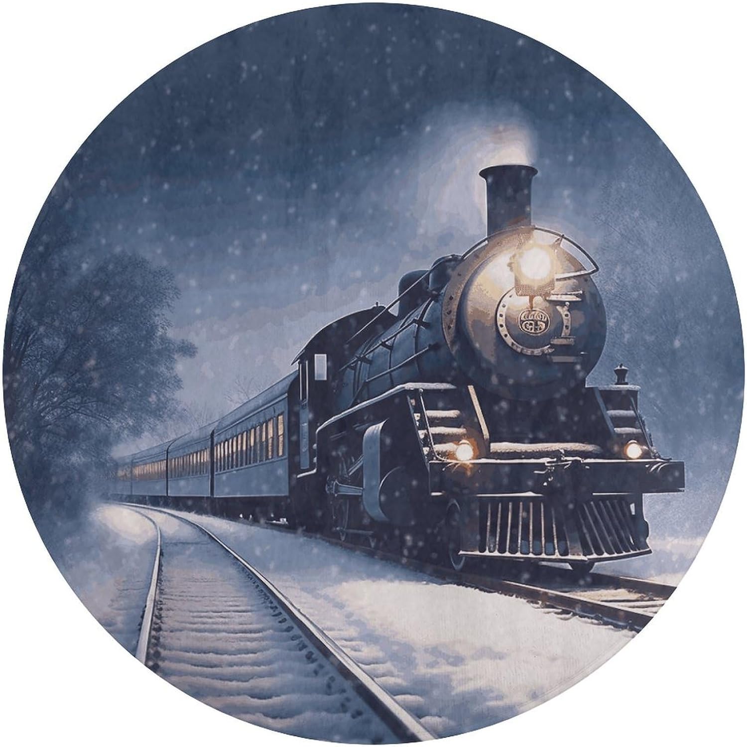 Winter Christmas Snow Night Railway Train Coral Velvet Round Floor Mat Non-Slip Bath Rug Floor Covering for Bathroom Vanity Guest Suite & Vacation Home