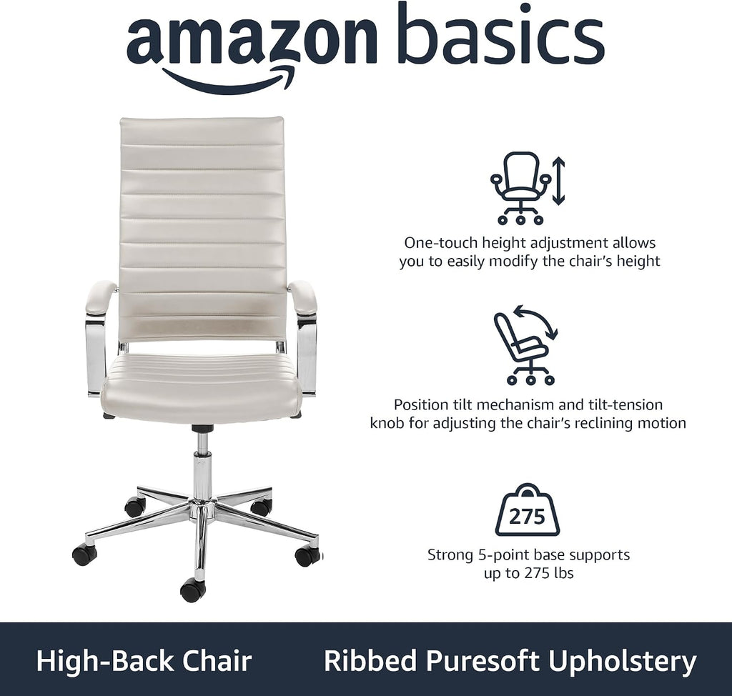 Amazon Basics High-Back Swivel Office Chair with Lumbar Support, Ergonomic Ribbed Faux Leather, Modern Style, 45.25' x 24.75' x 23.25', Stunning White