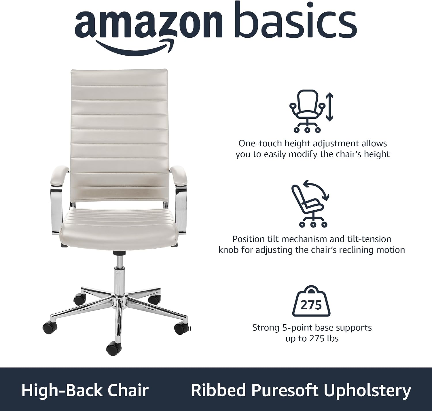 Amazon Basics High-Back Swivel Office Chair with Lumbar Support, Ergonomic Ribbed Faux Leather, Modern Style, 45.25' x 24.75' x 23.25', Stunning White