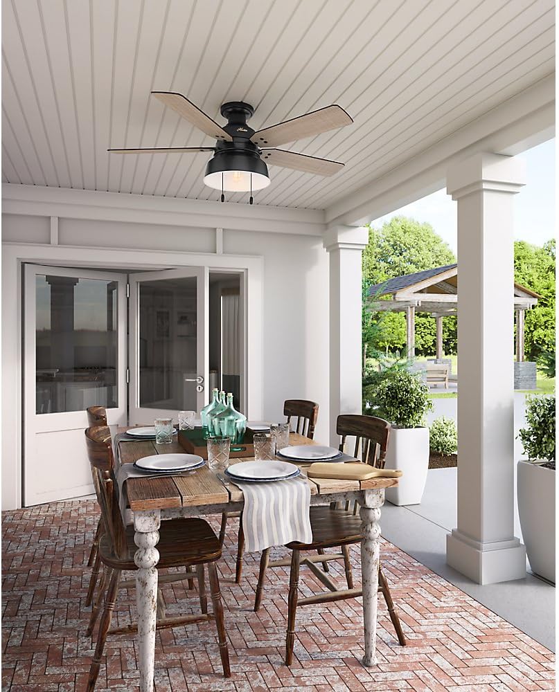 Hunter 52 inch Outdoor or Indoor Ceiling Fan with LED Light - Rustic Ceiling Fan with Pull Chain, For Bedroom, Living Room, or Patio, Low Profile Mount, No Remote - Mill Valley 59310, Matte Black