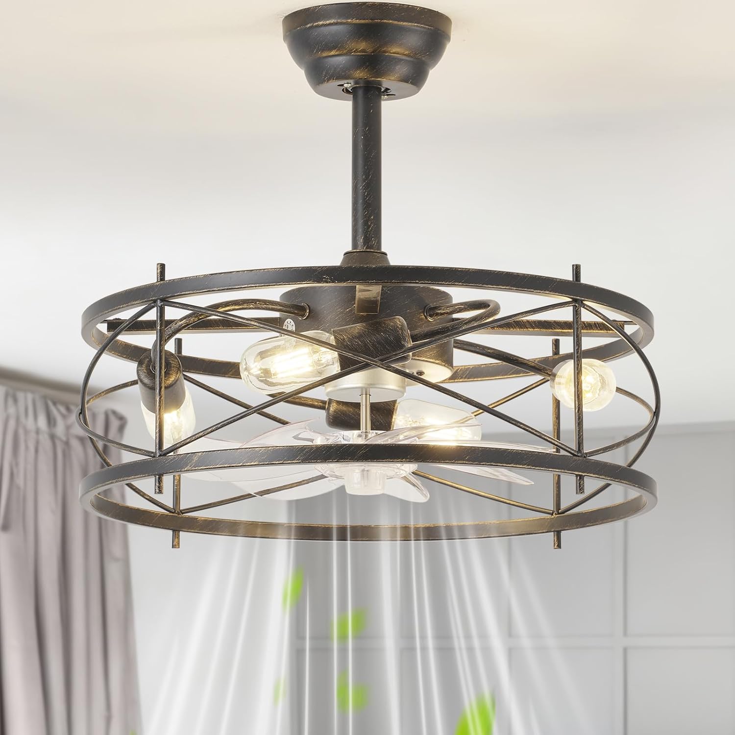 20' Farmhouse Fandelier Ceiling Fan with Light, Caged Bladeless Ceiling Fans with Lights and Remote, Rustic Small Enclosed with 6 Speeds for Bedroom, Kitchen, Living Room, Black