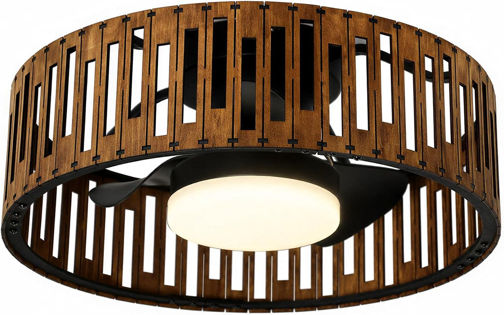 Ceiling Fans with Lights and Remote, 20'' Low Profile Flush Mount Ceiling Fan, 3000–6000K Dimmable LED Fandelier, Bladeless Wood Fan Light for Bedroom, Kitchen, Living Room, Diningroom，Foyer，Nursery