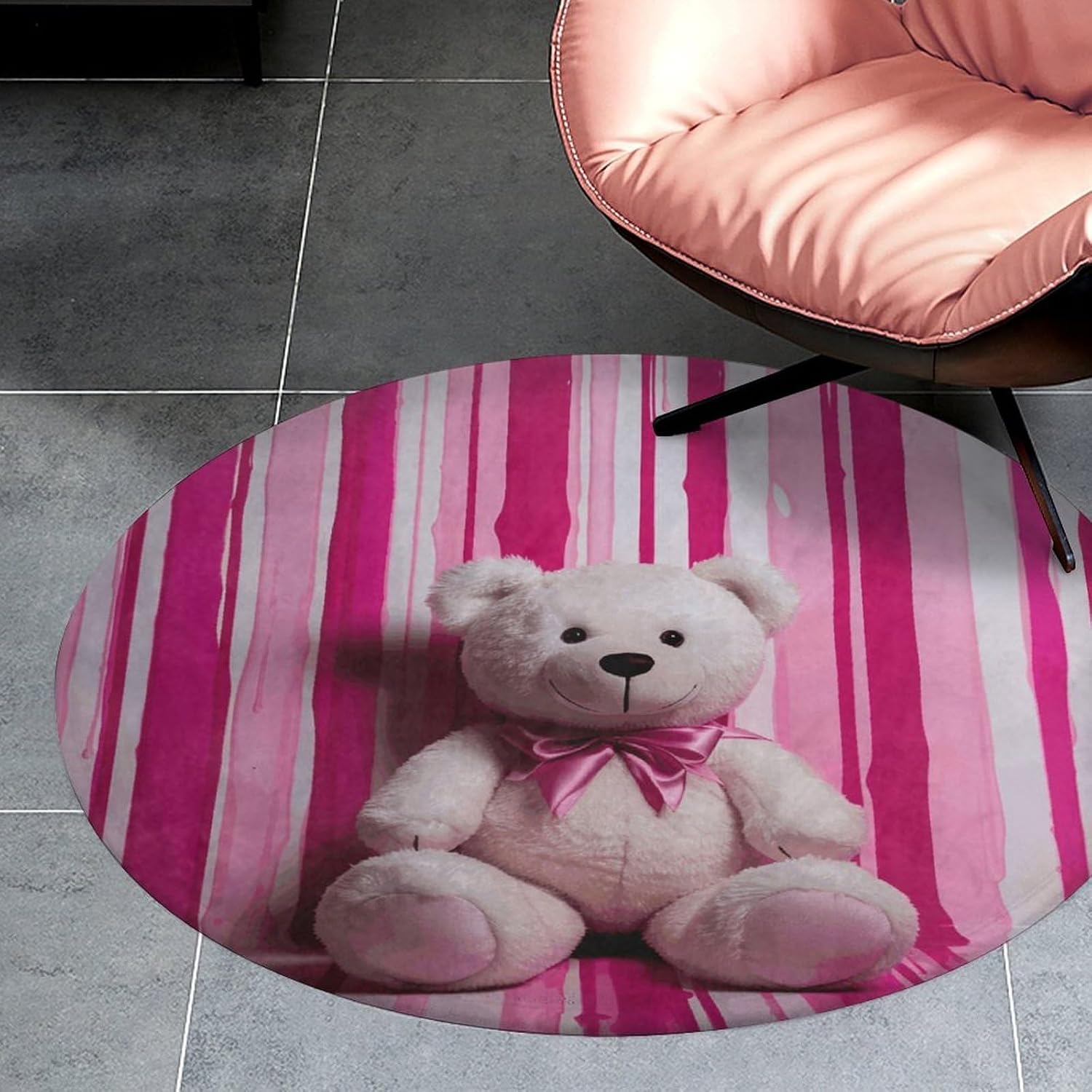 Teddy Bear Peach Rose Coral Velvet Round Floor Mat Non-Slip Bath Rug Floor Covering for Bathroom Vanity Guest Suite & Vacation Home