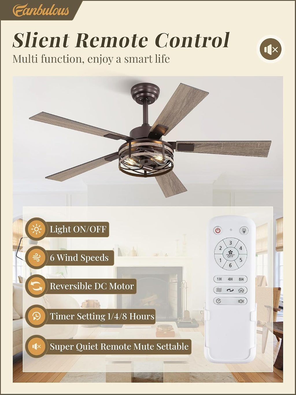 Fanbulous Farmhouse Ceiling Fans with Light, 48 Inch Bedroom Ceiling Fan with Lights, 6-Speed Adjustable, Quiet and Reversible DC Motor, 5 Dual Finish Blades, Rustic Caged Ceiling Fan，Oil Bronze