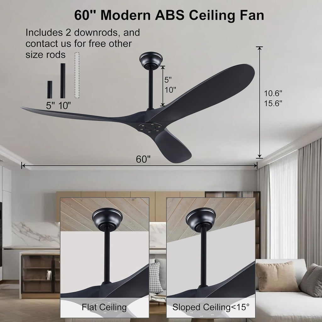 60 Inch Modern Ceiling Fan without Lights, 60' Ceiling Fans with Remote,Black Ceiling fans 3 Blades and 6 Speed Quiet DC Motor Indoor Outdoor Ceiling Fan for Patio House Bedroom Porch Gazebo