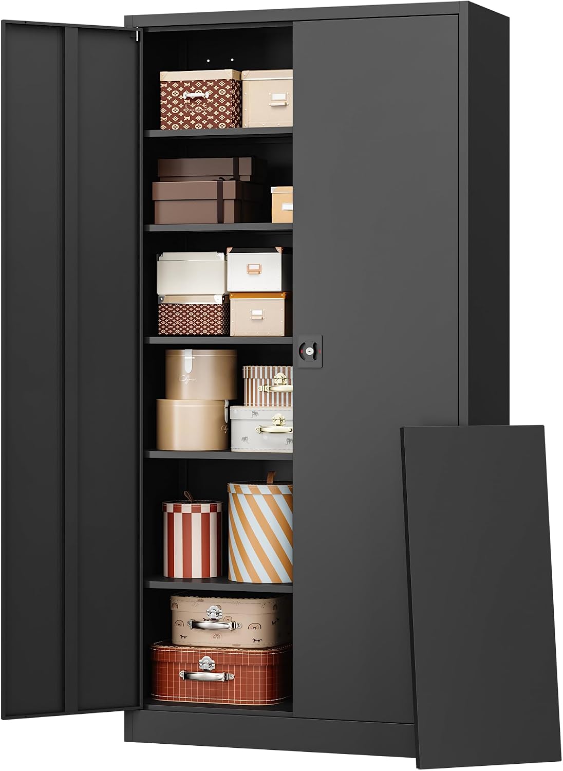 RAVIGIN Metal Garage Storage Cabinet with Lock, 71' Locking Tool Cabinet with 2 Doors and 5 Adjustable Shelves, Tall Steel Cabinet Garage for Home,Office,Warehouse，School (Black)