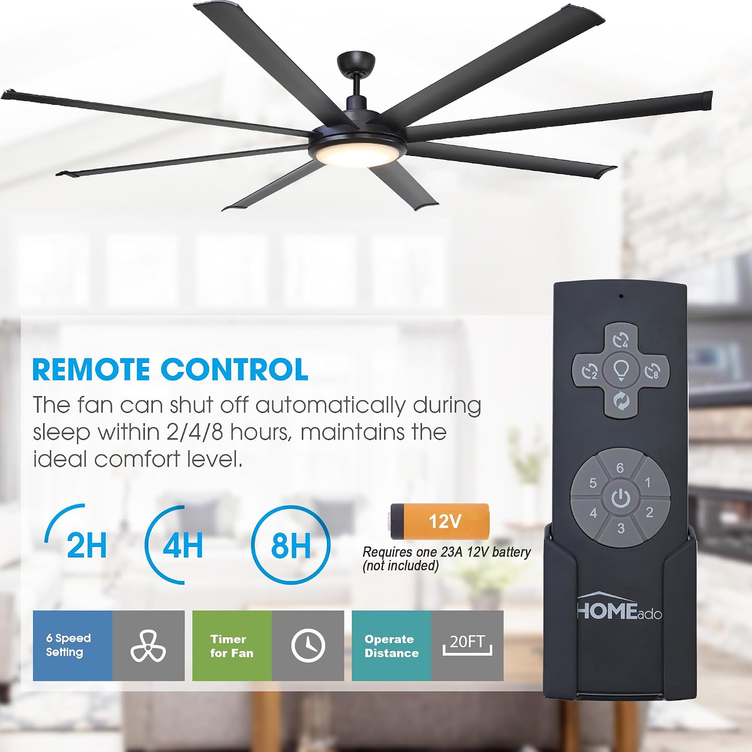Parrot Uncle Ceiling Fans with Lights and Remote, 75 Inch Black Industrial Ceiling Fan with LED Light for Bedroom Living Room Indoor Outdoor, 6-Speeds Reversible DC Motor, 8 Aluminum Blades, Timer