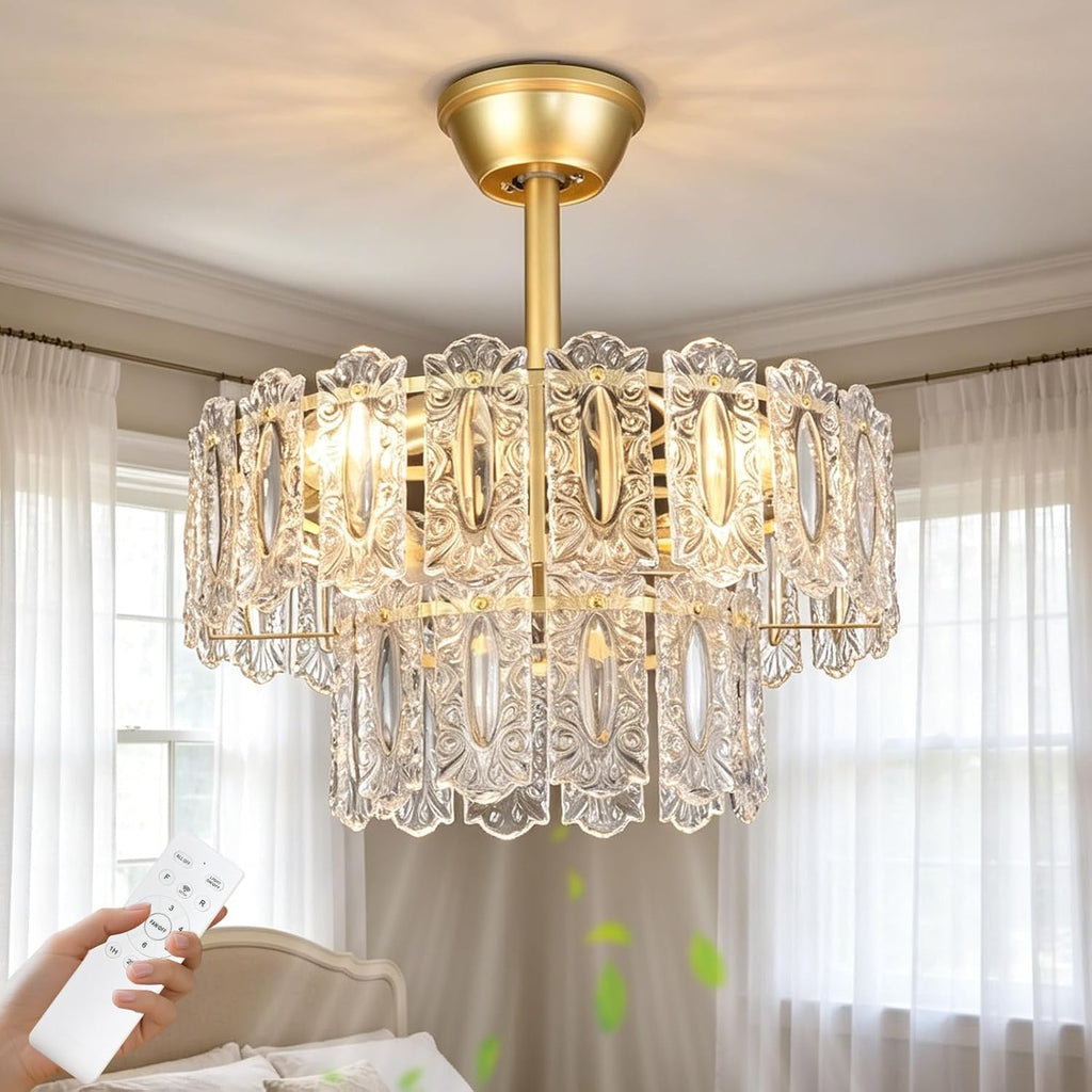 Depuley Bedroom Ceiling Fan with Lights: 20' Gold Chandelier Small Fan with Remote Control - Modern Crystal Fandelier for Girl's Bedroom Living Room Nursery (E26 Bulbs Not Included)