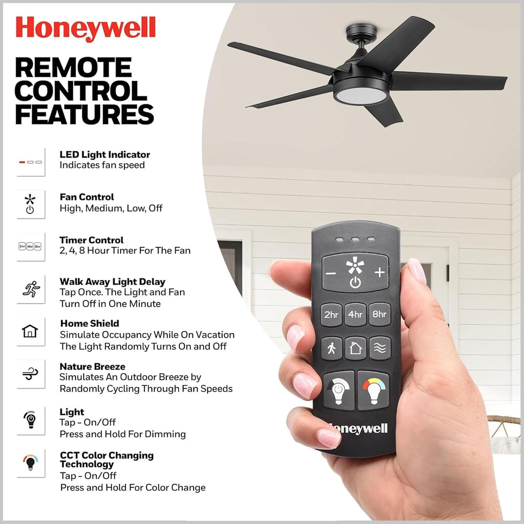 Honeywell Byard 52 Inch Indoor and Outdoor Ceiling Fan with Color Changing LED Light and Remote Control, 5 Blades, Matte Black