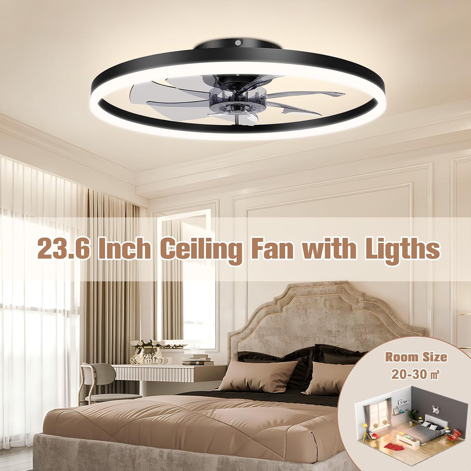 VOLISUN Low Profile Ceiling Fans with Light and Remote,No Assembly,23.6in Fandelier Ceiling Fan with Lights, 3000K-6500K Dimmable Flush Mount LED Fan Light, Black Bladeless Ceiling Fans for Bedroom