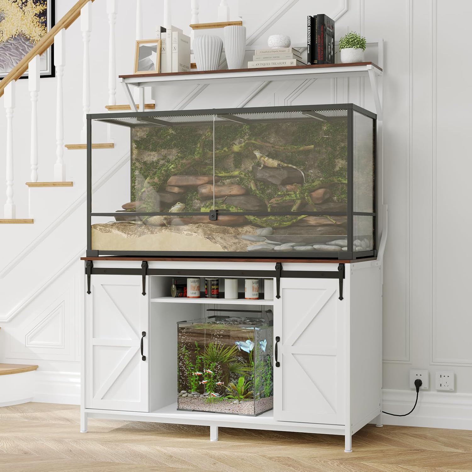 VOWNER Farmhouse Reptile Tank Stand with Power Outlet, 48' X 24' Tabletop Fits up 120 Gallon Bearded Dragon Tank, Heavy Duty Aquarium Stand with Storage Cabinet, Reptile Turtle Terrarium Stand White