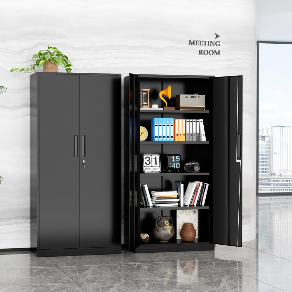 SUNCROWN Metal Storage Cabinets with Lock, Tool Cabinet, 72' Locking Steel Storage, Tall Locker Organizer Garage Cabinets with 2 Doors and 4 Shelves for Home,Office,Warehouse,Garage,School(Black)