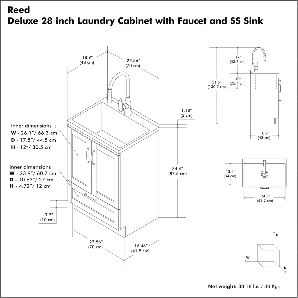 SIMPLIHOME Reed All-in-One 28 inch Wide Utility Sink and Laundry Cabinet in Pure White Finish, Transitional Stainless Steel Sink Cabinet for Laundry Rooms with High-Arch Chrome Faucet and Storage