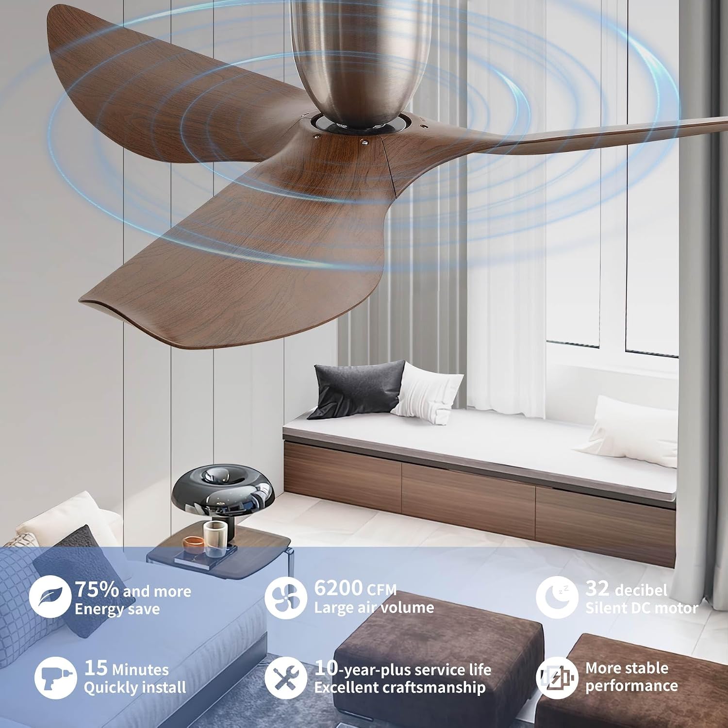 60' Walnut Color Flush Mount Ceiling Fan with Remote, No Light | Modern Low-Profile, Heat Resistant ABS Blades, 6-Speed Reversible Quiet DC Motor for Balcony, Living Room, Bedroom