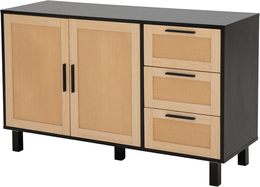 PHI VILLA Black Rattan Cabinet with Doors, Buffet Sideboard Cabinet with Drawers, 2 Door Storage Cabinets
