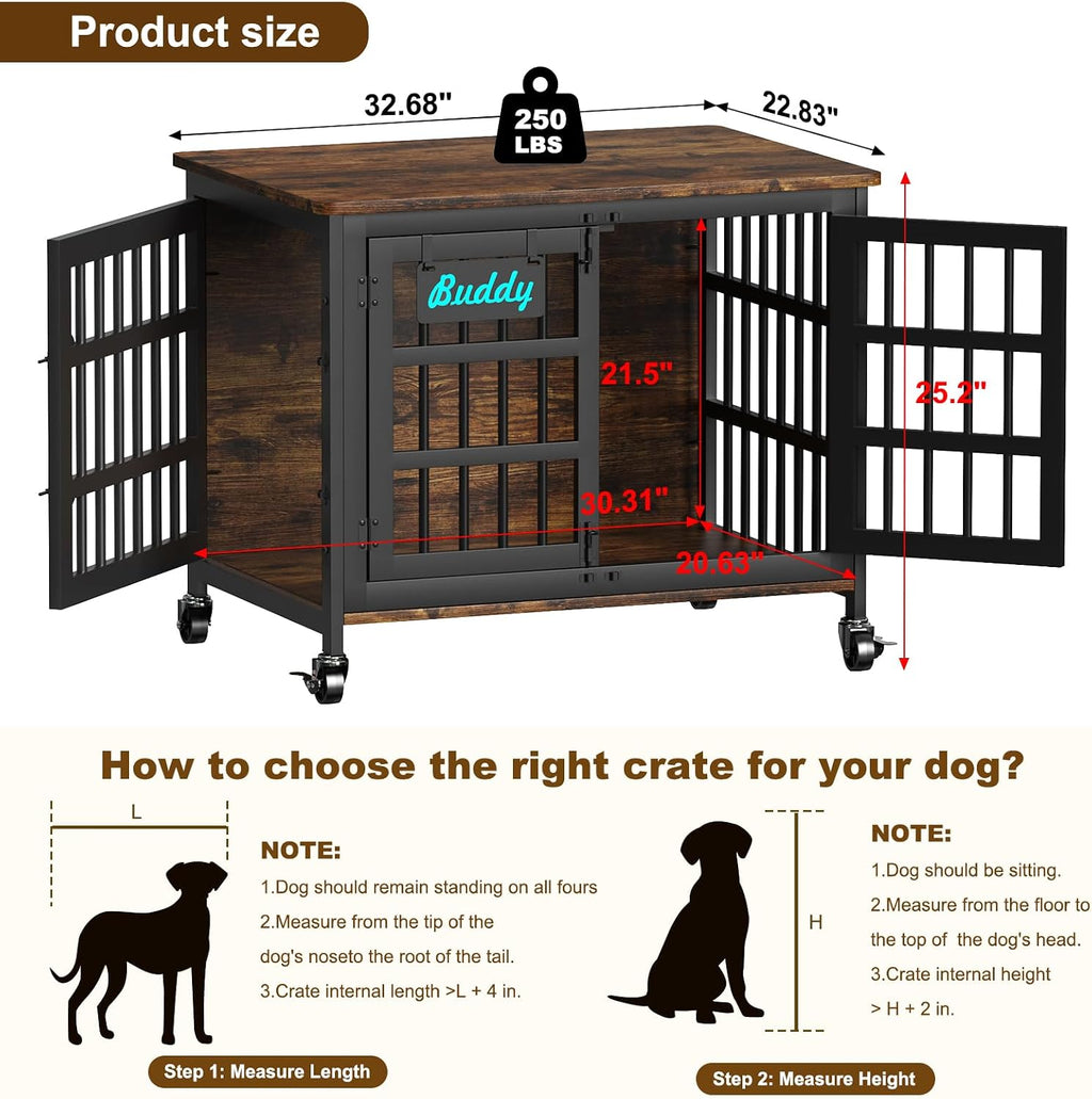 EasyCom 33'/27' Dog Crate Furniture with Name Tag, Heavy Duty Dog Kennel Indoor for Medium and Small Dogs, Double-Doors Sturdy Metal Dog Cage, Decorate House as TV Stand, End Table, Bedside Table