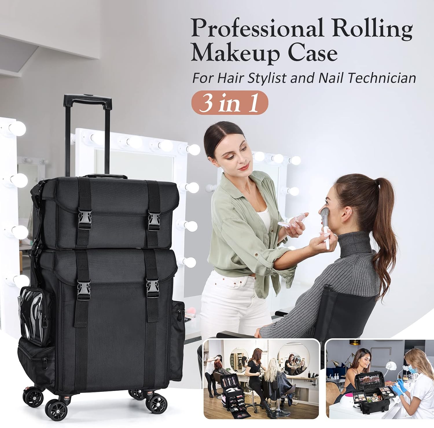 Stagiant Professional Rolling Makeup Case Soft Sided Cosmetology Organizer Wheeled Nylon Train Case Portable Travel Supply Station for Makeup Artist Nail Technician Hair Stylist Crafters