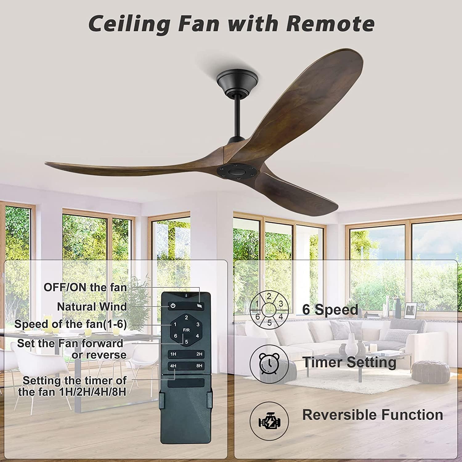 70 Inch Rustic Outdoor Ceiling Fans, Ceiling Fan without Light with Remote Solid Wood Ceiling Fan, Farmhouse Large Outdoor Fan for Patios Indoor High Low Sloped Ceiling, Brown DC Cieling Fan