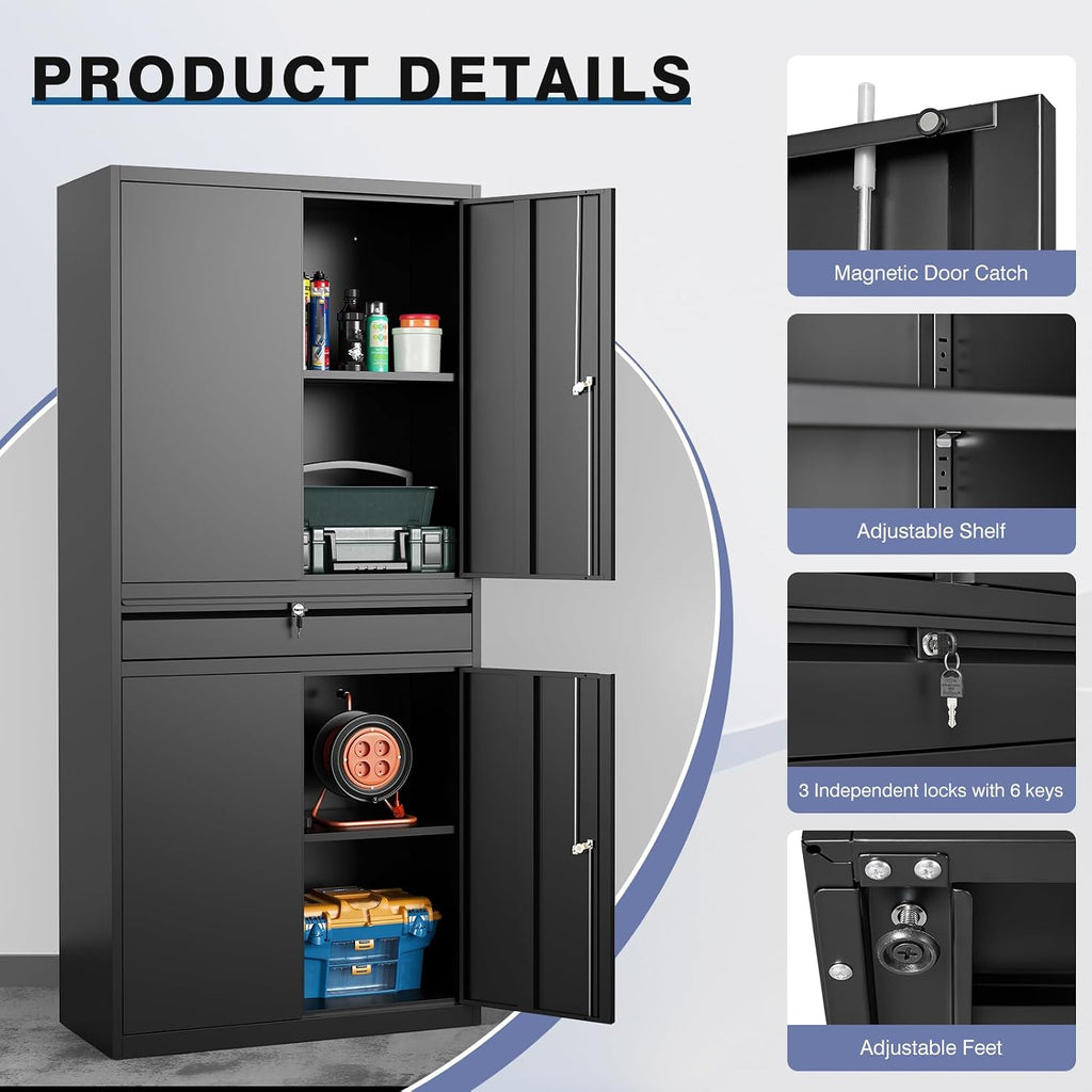Metal Storage Cabinet with Drawer, Garage Storage Cabinet with Locking Doors and Adjustable Shelves,Tool Steel Cabinet for Garage, Home Office,Warehouse (Black)
