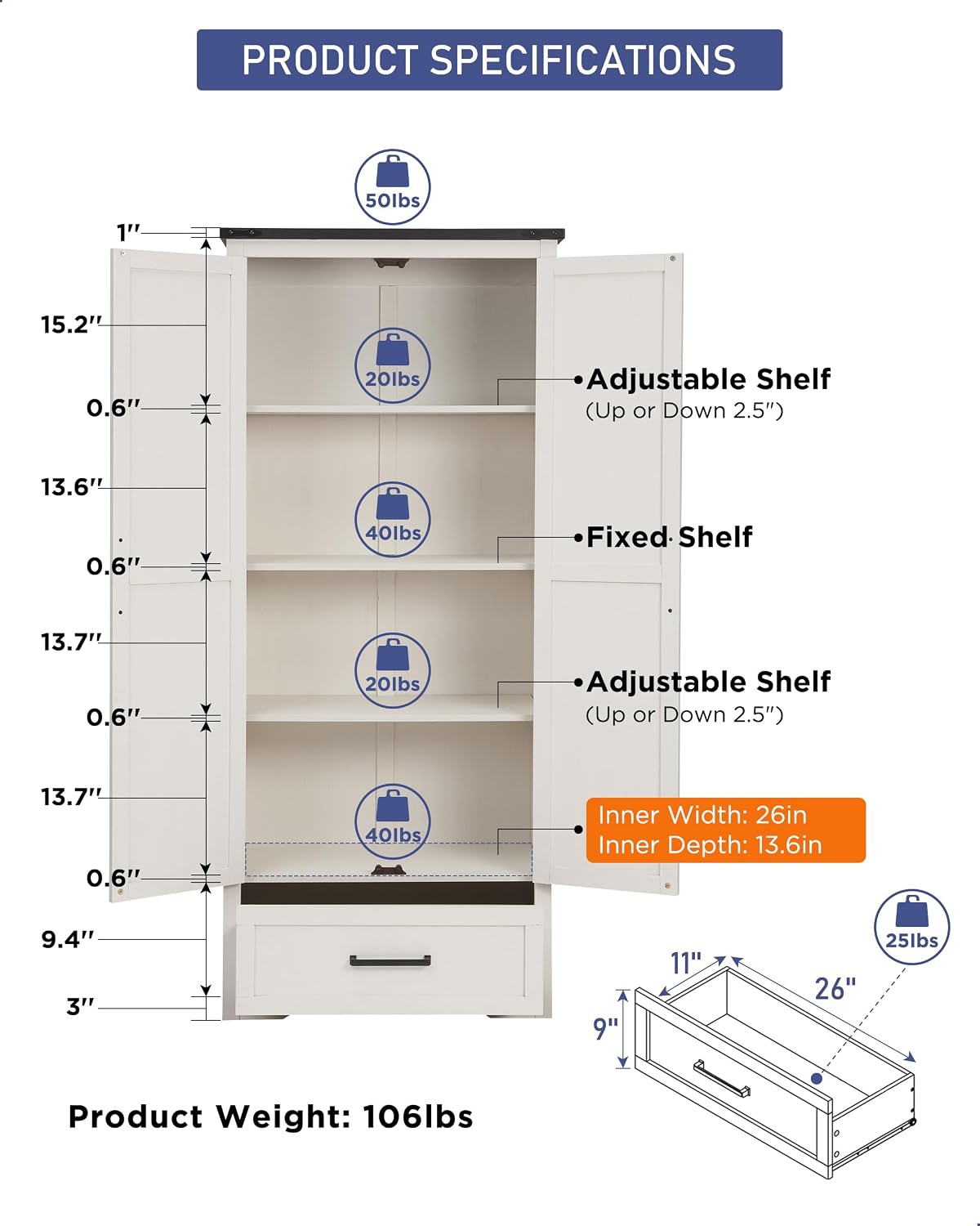 JXQTLINGMU Farmhouse Kitchen Pantry Cabinet - 72' Tall Wood Kitchen Storage Cabinets with Adjustable Shelves & 2 Barn Style Doors & Drawer, Versatile Storage for Dining Room, Bathroom, Antique White