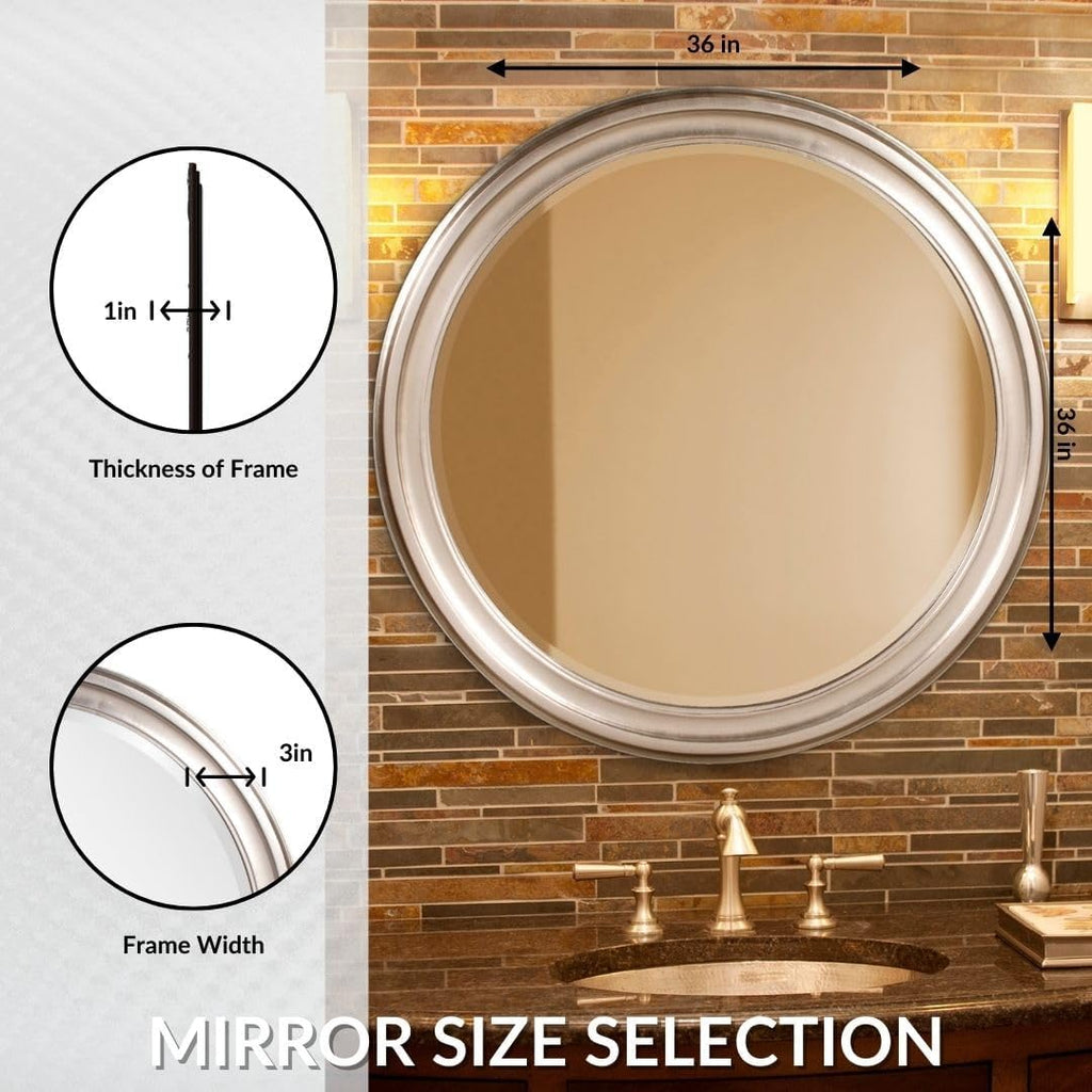 Howard Elliott George Round Brushed Nickel Wall Mirror, Bevelled Vintage Hanging Wood Framed Vanity Mirrors for Home Decor, Living Room, Bathroom, Bedroom, or Hallway, 36 Inch Round
