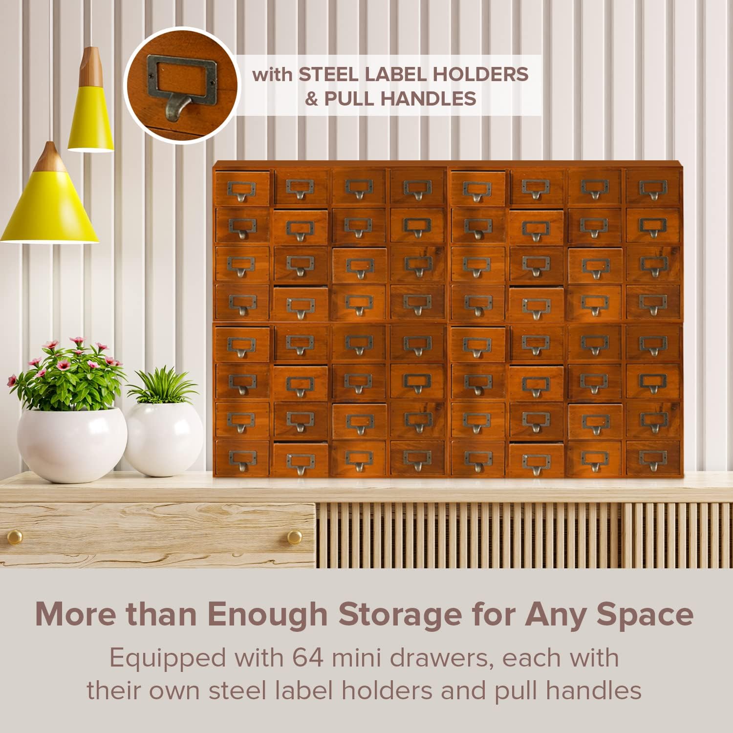 Huge Modular Stackable Against Wall 64-Drawer Apothecary Curio Cabinet Vintage Wood - Card Catalog Library Desk Storage Box Drawer w/ Label Holders Handles - Multi Level Countertop and Craft Organizer