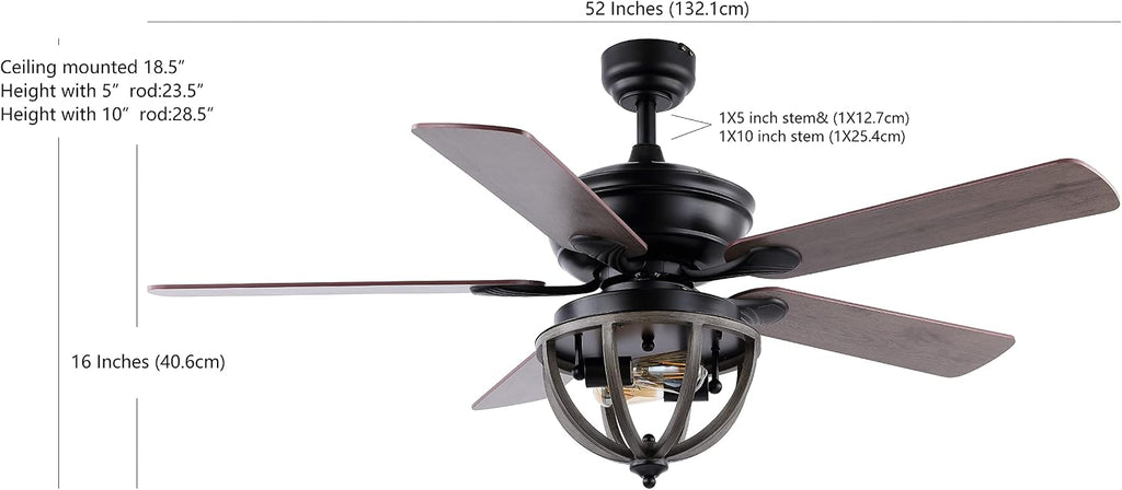 JONATHAN Y 52' Black 2-Light Iron LED Ceiling Fan with Remote, 5 Reversible Ashwood/Coffee Brown Blades, Farmhouse Industrial Metal Dome Shade, ETL Listed, LED Bulbs Included JYL9613A